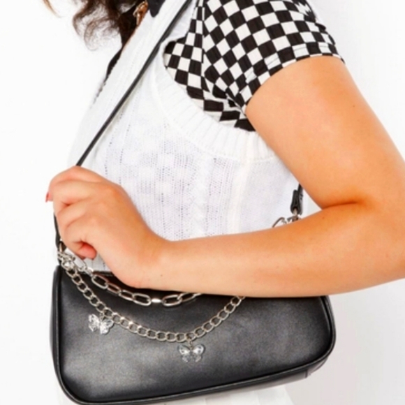 Handbags - 3X HOST PICK!!! Black Faux Leather Silver Butterfly Chain Handbag